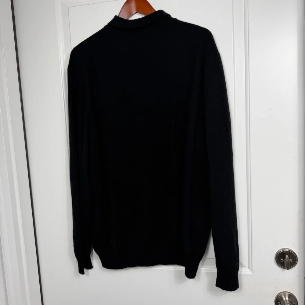 Lands End Mens XL Black 100% Cashmere Long Sleeve Polo Sweater 3 Button Knit